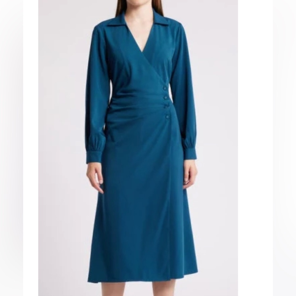 Nordstrom Mila Mae Button Overlap Long Sleeve Wrap Dress in Deep Teal Size Large